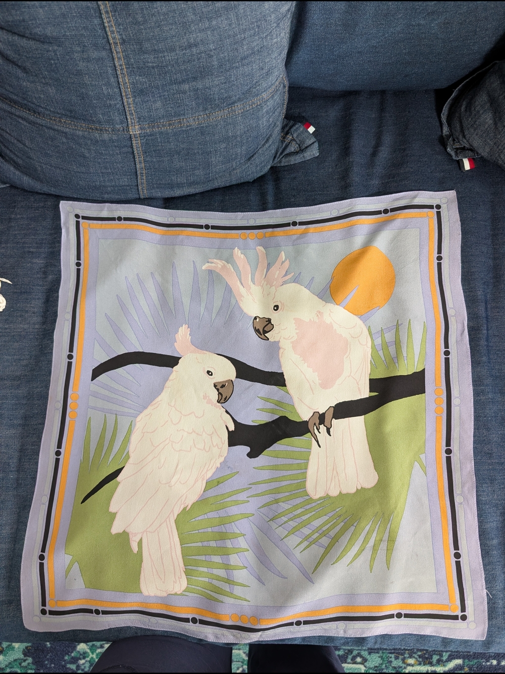Madewell Rare Pastel Parrot Silk Neck/ Head Scarf Lavender, Green, White 21.5"